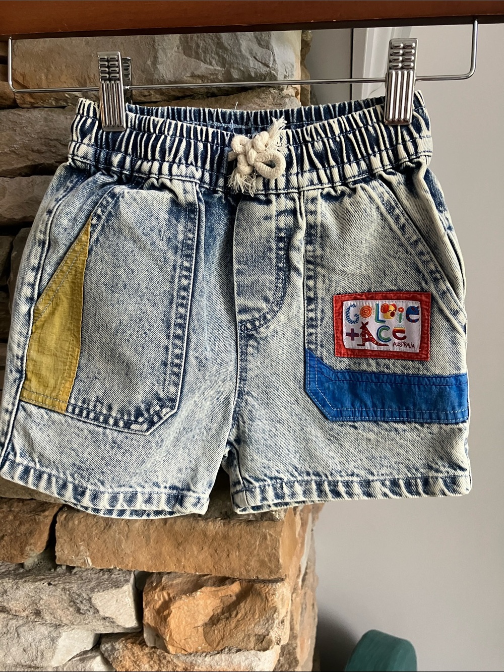 Kids Acid-Wash Denim Shorts with Yellow & Blue Patch Accents